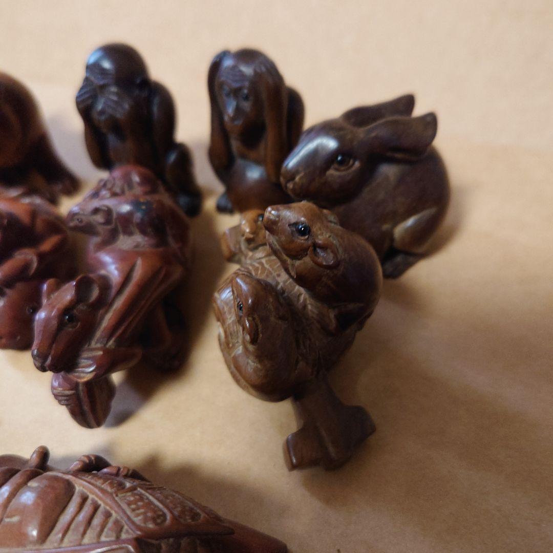 根付 木製動物彫刻 10個セット 日昇他 古美術 浮彫 木製 縁起物