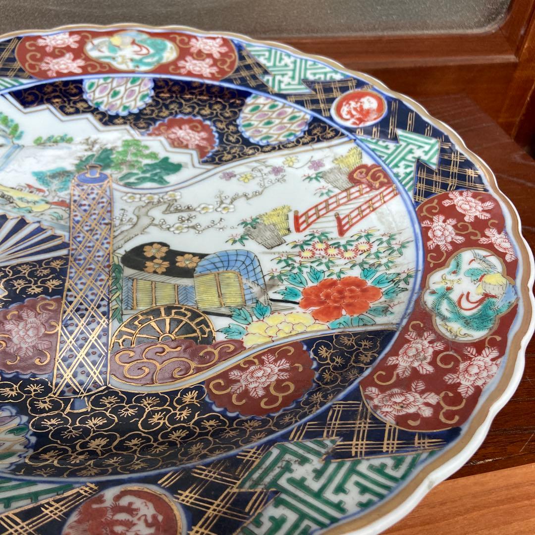 有田焼色絵扇面巻物の図大皿ニ枚