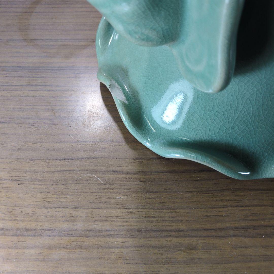 緑色 陶器 花瓶 象の持ち手 直径33cmX高さ4+cm 上部裏側少しかけ有り