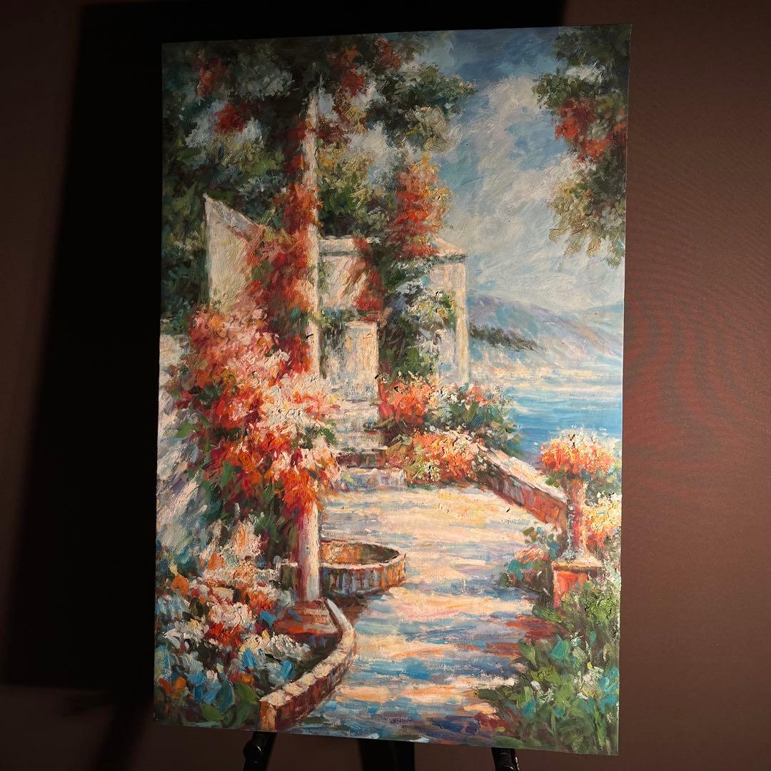 ★特大★ 手書き油絵 テラス 肉筆絵画 インテリア 油彩画