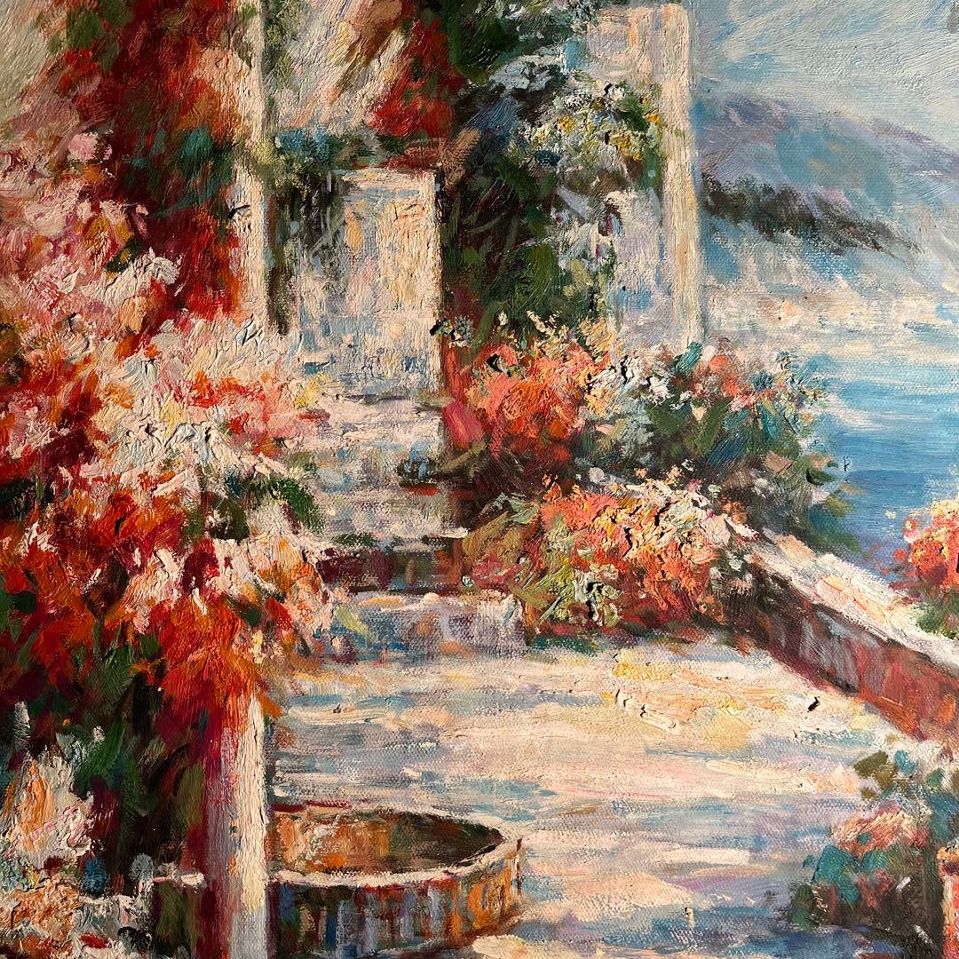 ★特大★ 手書き油絵 テラス 肉筆絵画 インテリア 油彩画