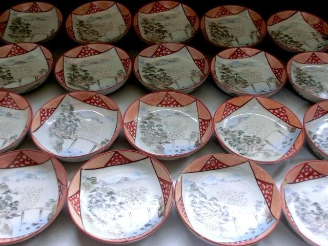 小皿■古九谷焼き 赤絵 19枚 窓絵 山水 松 梅(江戸後期～明治期) 時代物■