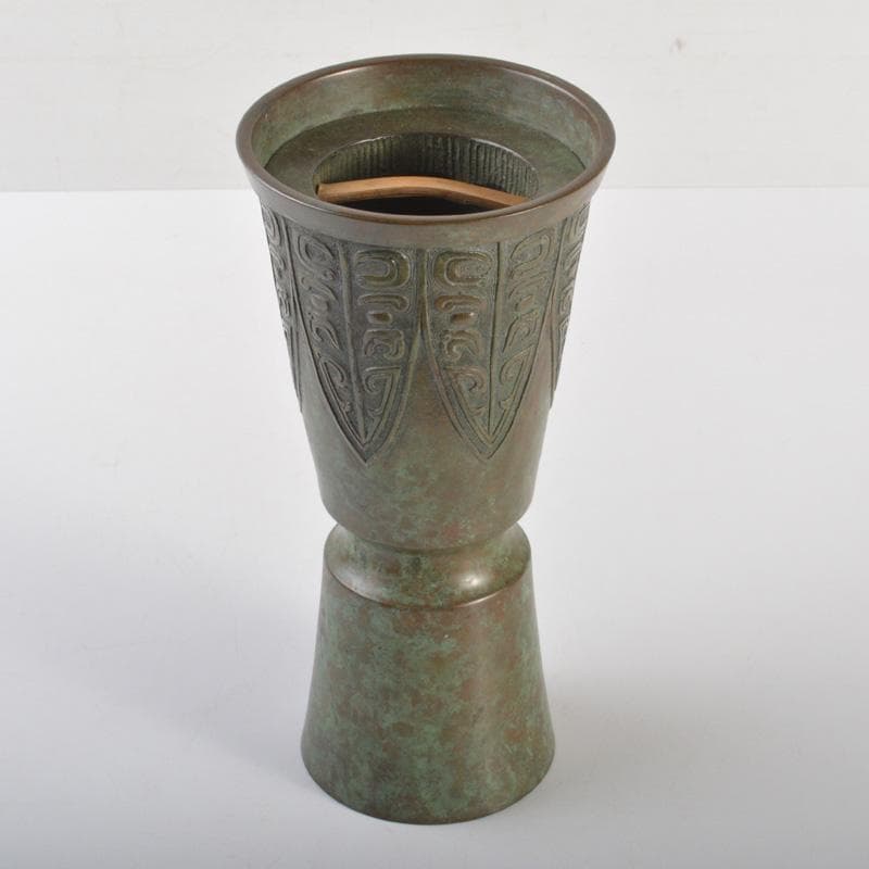 松華堂　古銅青銅　杵型　饕餮文花瓶　花器　共箱　N　6389