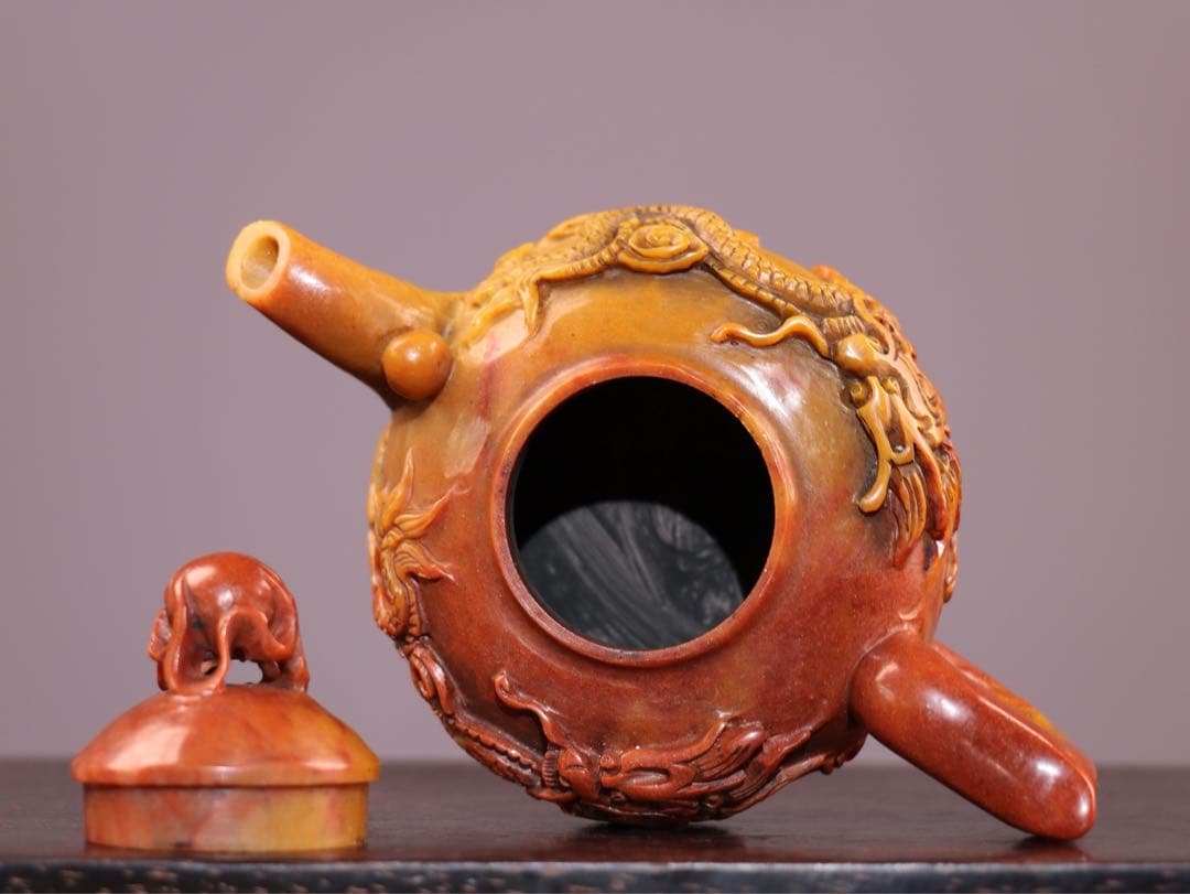 時代物　雙龍 天然　寿山石 急須· 茶壺 極細工彫刻　置物　逸品　インテリア