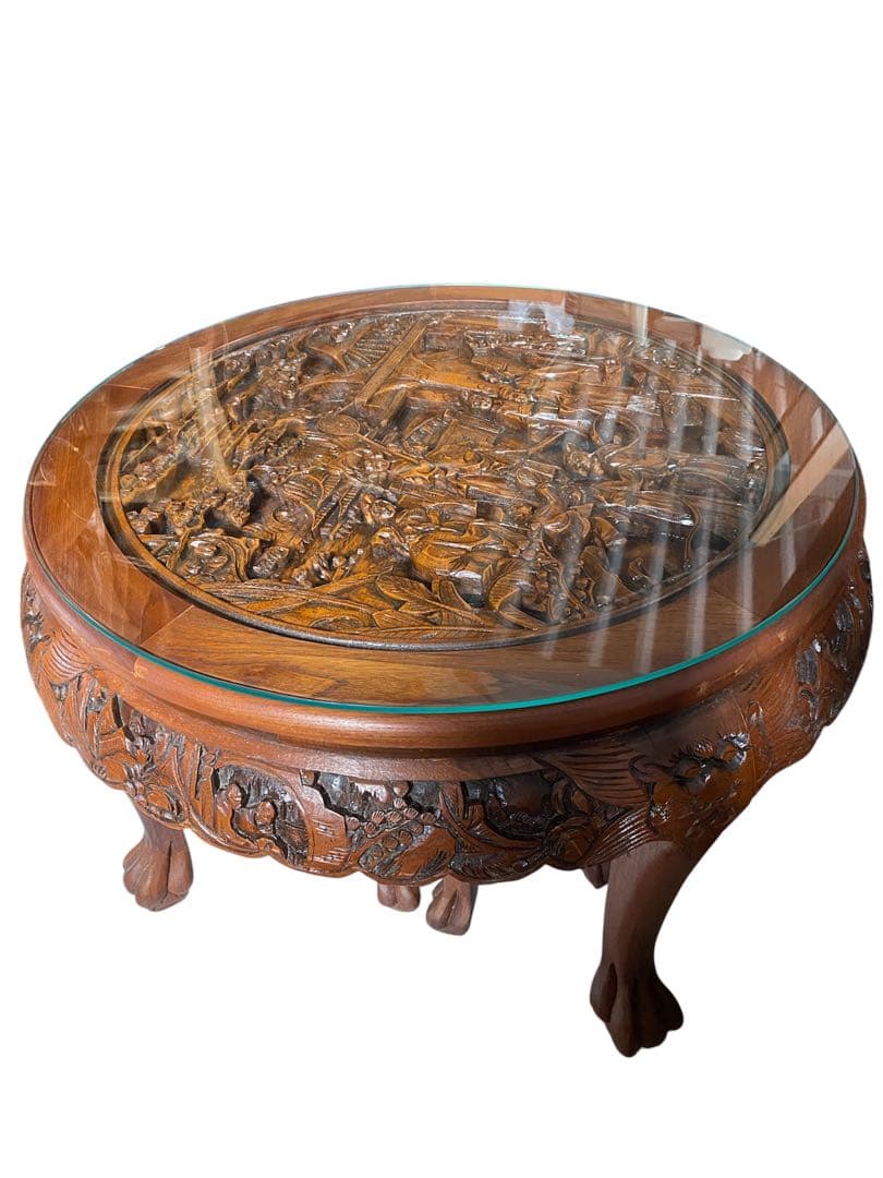 アジアン アンティーク 彫刻家具 テーブル イス4脚付き 猫脚 骨董