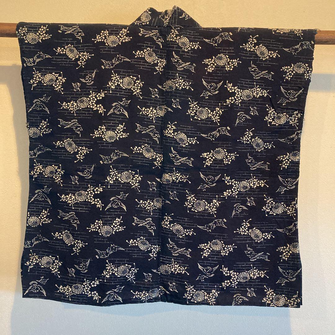 古布　両面染め　型染　藍染　半襦袢　袖無し　雀