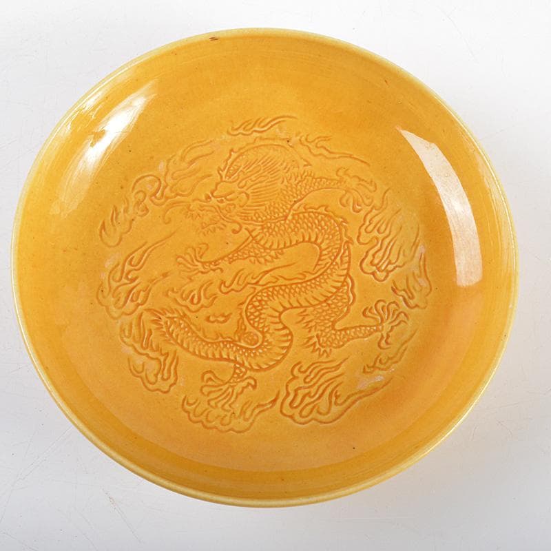 中国　黄交趾　 黄釉　龍文線刻皿　小皿　4客まとめて　D　R6016