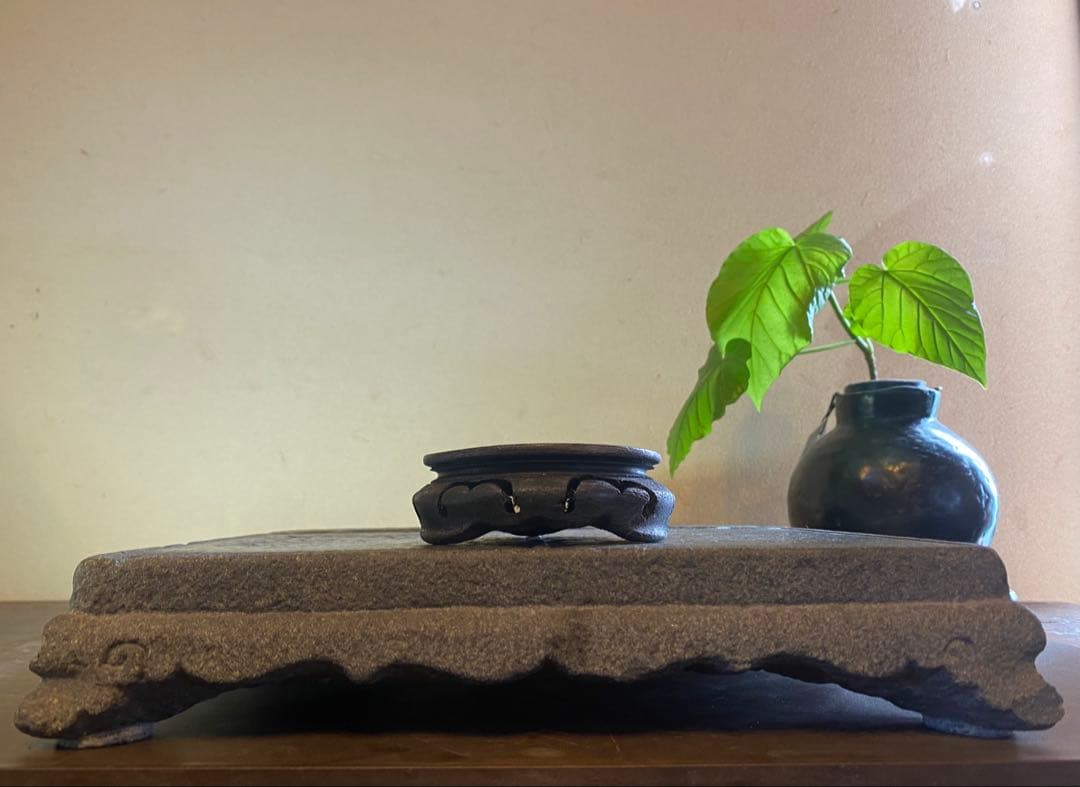 美品　二上元威作　青銅製花器　唐木鑑賞台付　２点セット　アンティーク　レア