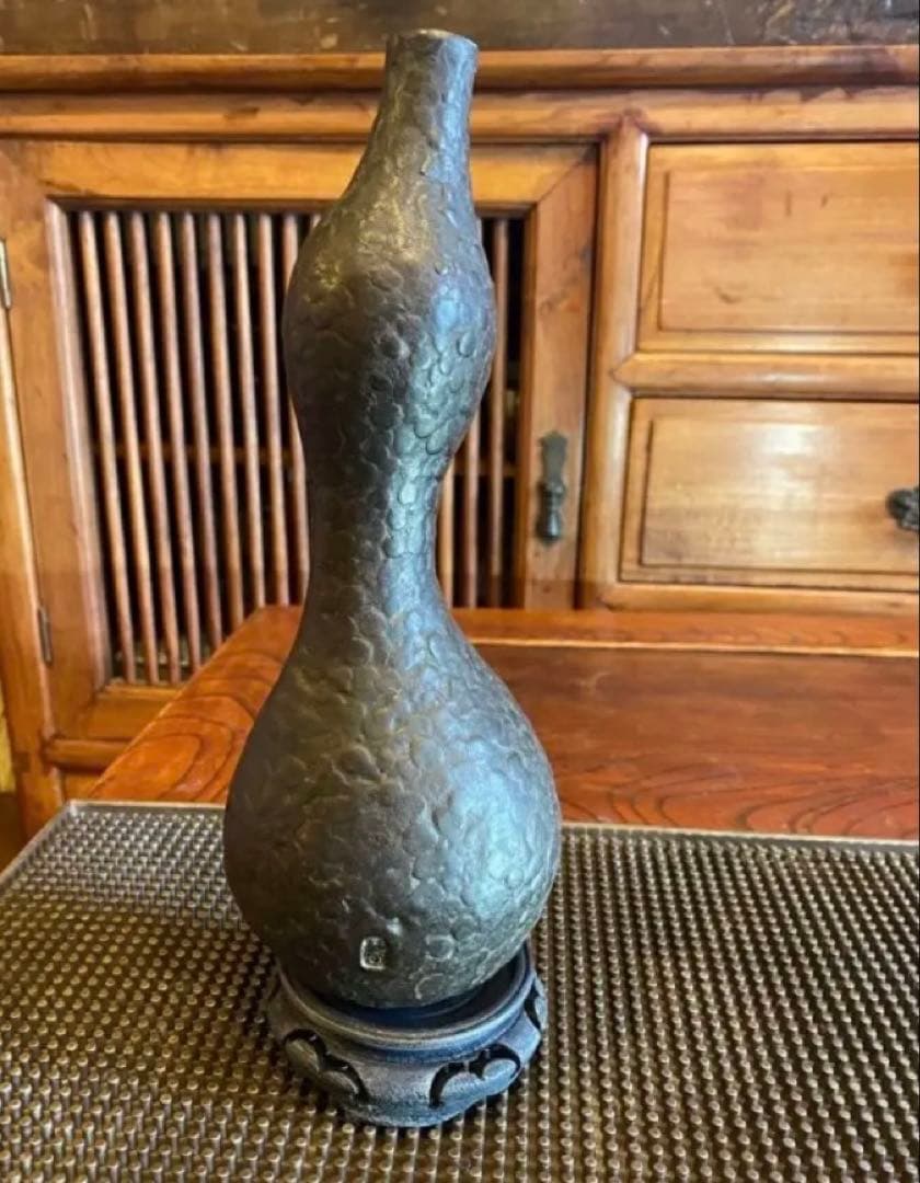 美品　二上元威作　青銅製花器　唐木鑑賞台付　２点セット　アンティーク　レア