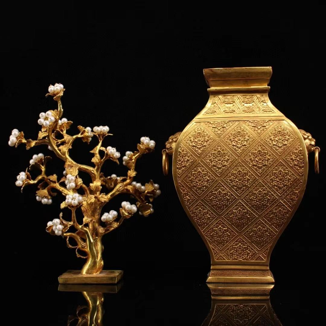 中国古美術・旧藏純銅製鎏金招財運樹の花瓶・真珠を象嵌・置物・風水開運 ・純手作り
