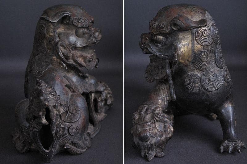 最終値下げ‼️ 金工細工『古銅 親子獅子置物』明治期　高18㎝/ 3.45㎏