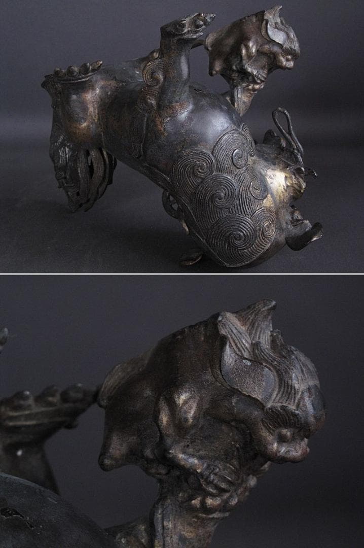 最終値下げ‼️ 金工細工『古銅 親子獅子置物』明治期　高18㎝/ 3.45㎏