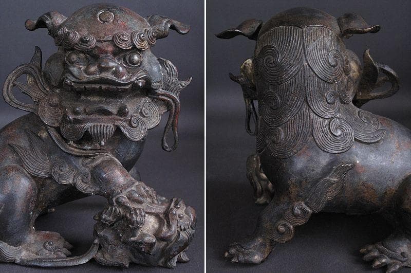 最終値下げ‼️ 金工細工『古銅 親子獅子置物』明治期　高18㎝/ 3.45㎏