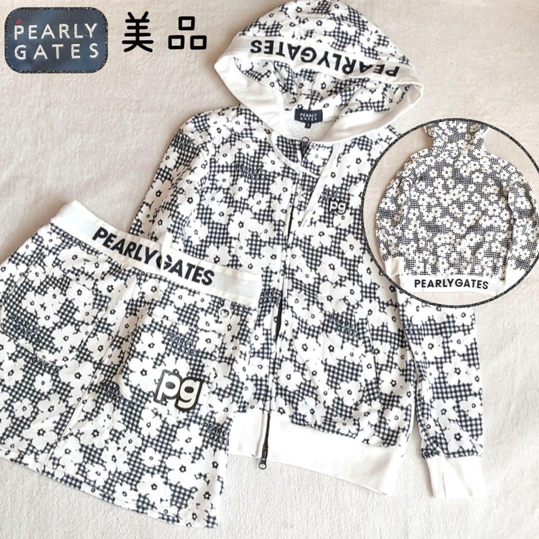 パーリーゲイツ セットアップ　パーカー　スカート　チェック　花柄　裏毛　ネイビー