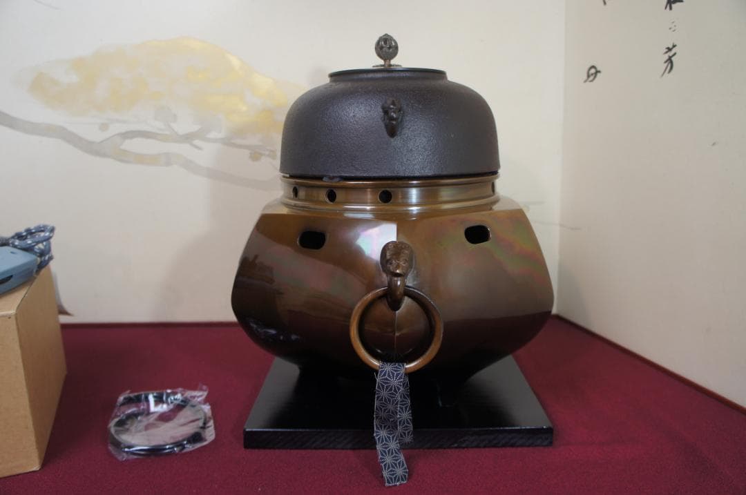 ☆美品 未使用 在銘真形釜添え 唐銅六角風炉 500W電熱器(可変)送料込み