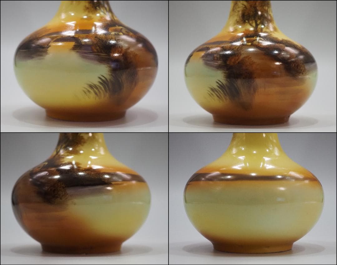 明治期里帰りノリタケM-JAPAN印 HANDPAINTED 湖夕焼け風景花瓶