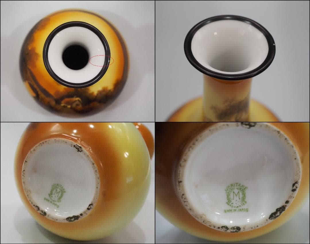 明治期里帰りノリタケM-JAPAN印 HANDPAINTED 湖夕焼け風景花瓶