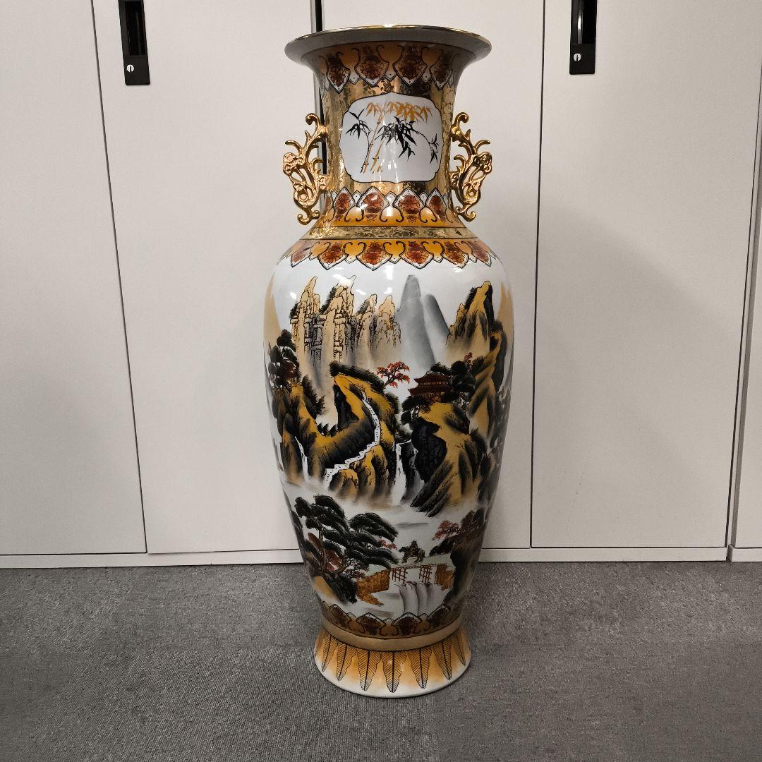 中華風★山水画装飾の大きな陶磁器壺★幅30センチ★高さ80センチ★たのメル発送