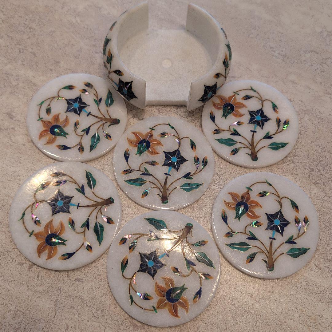 天然石 象嵌細工コースターセット（6枚組） インド ハンドメイド 美術工芸品