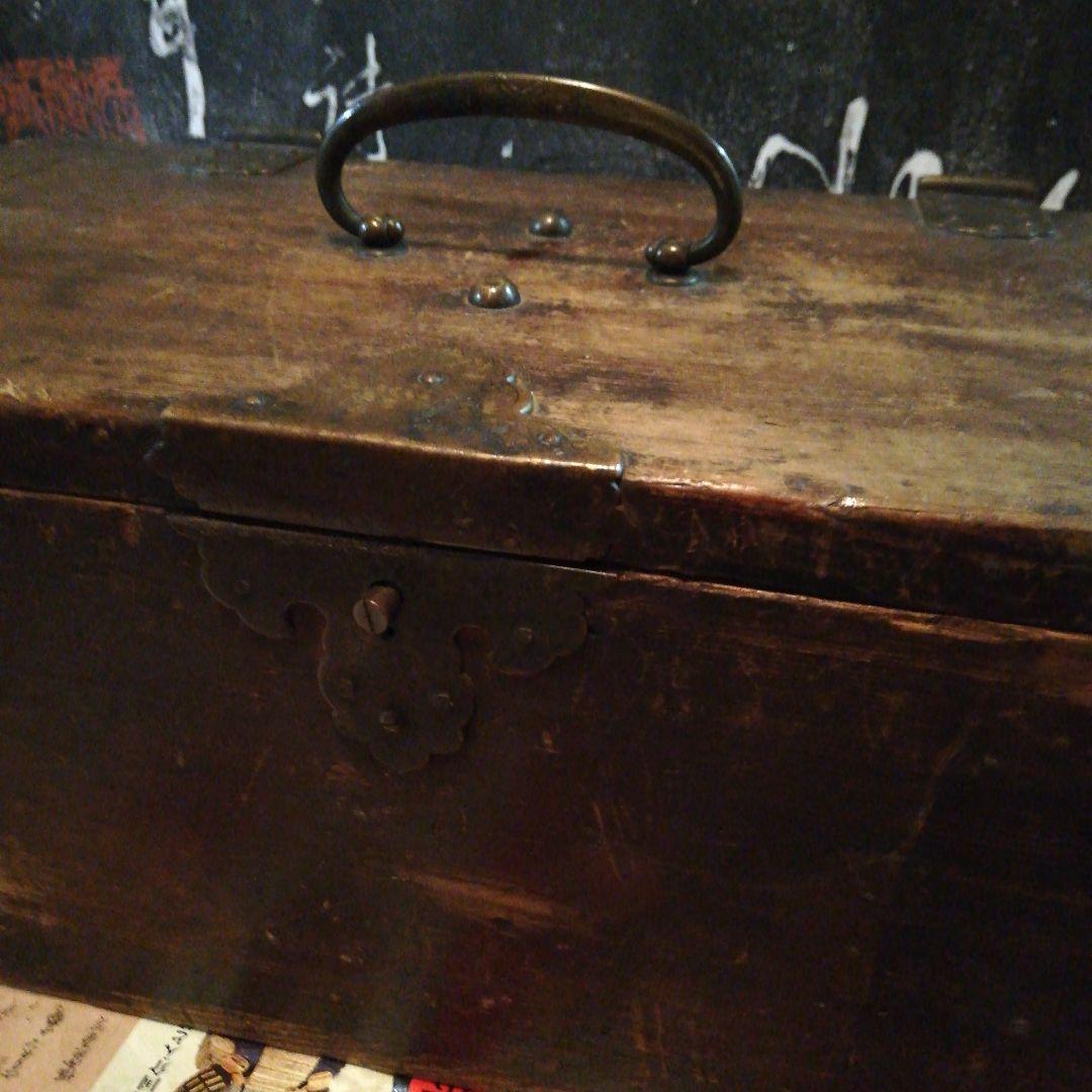 江戸時代後期幕末頃時代全長４２センチ在銘有豪商武家欅木製手持ち薬箱蔵出当時物