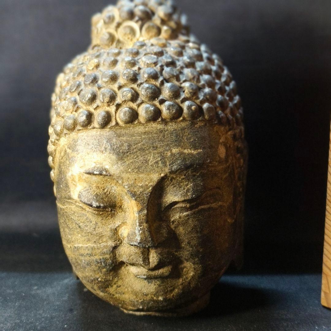 中国仏教美術 佛頭 天然石 手彫り骨董 アンティーク 石窟発掘 蒐集家放出極上品
