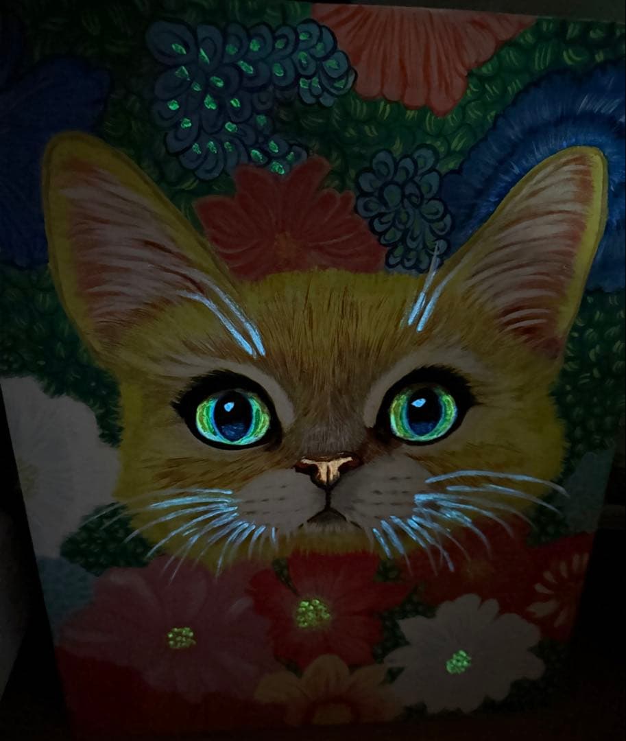 「幸運の猫」蛍光猫のアクリル画 絵画 原画