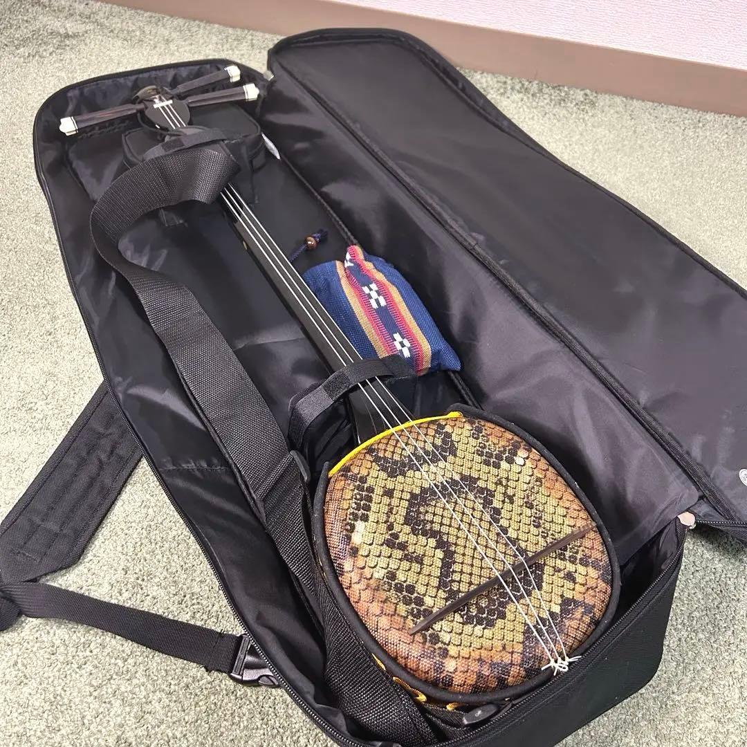 【美品】沖縄三線　蛇柄　人工皮仕様　三味線タイプ　リュックケース付き