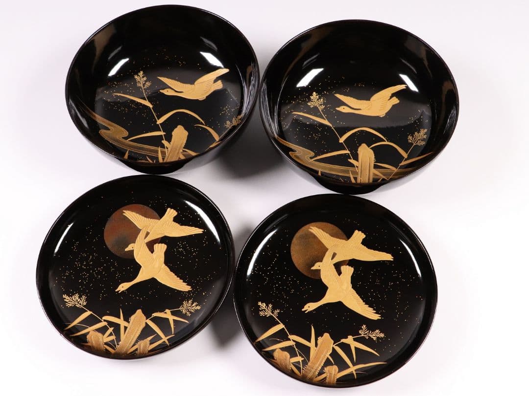 CL63 加賀蒔絵 月に雁 金蒔絵 黒塗煮物椀 二客 木製漆器 梨地 鳥 芦
