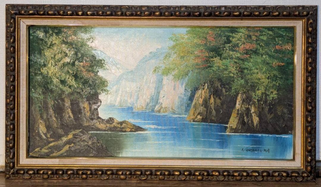 【真作】絵画　油彩　峡谷の清流　雄大な自然　迫力ある風景アート　Z28