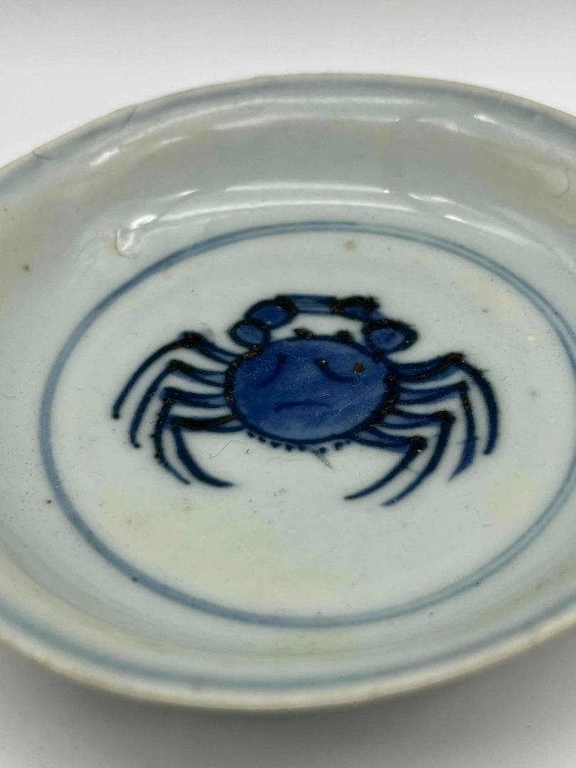 明時代　染付 青花蟹文盤一対　【希少貴重】【旧家蔵出し】　古染付皿(B-48)