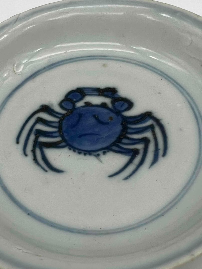 明時代　染付 青花蟹文盤一対　【希少貴重】【旧家蔵出し】　古染付皿(B-48)