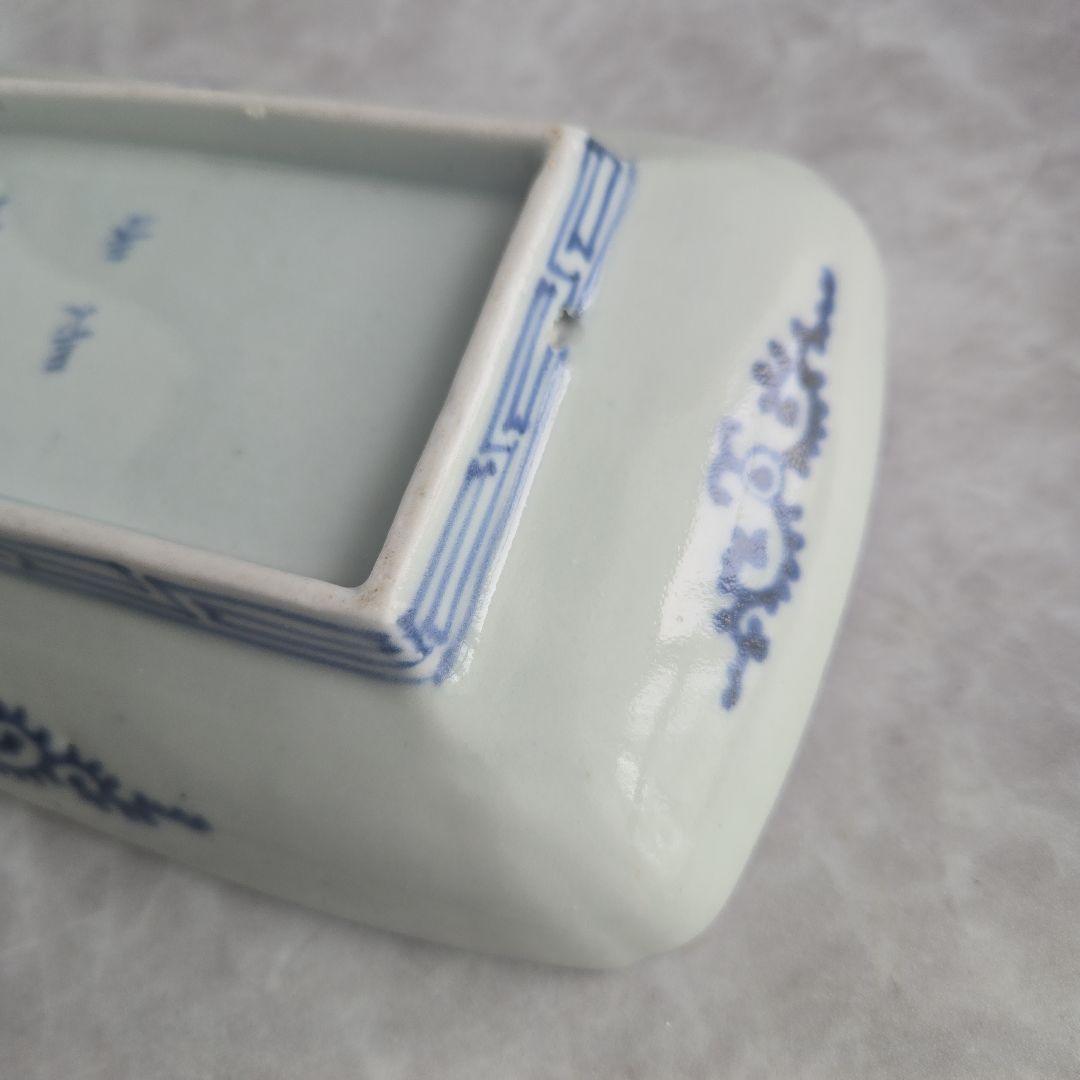 無傷　古伊万里　染付　蛸唐草　長皿　角皿　江戸時代　金直し　金継ぎ　骨董　牡丹