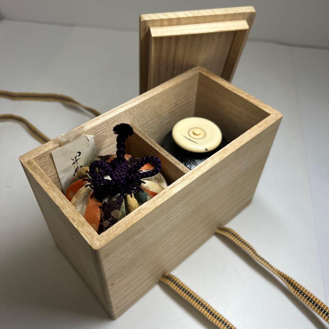 黒楽　上手茶入　替仕覆付（高木間通）　木箱付　高約7.5㎝東Y7-1229☆2F