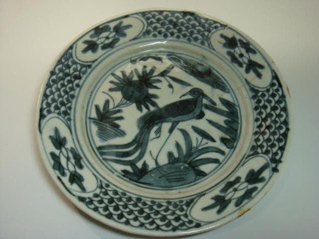 皿■孔雀紋 呉須染付 花唐草 中国 明～清 広東・福建省 古玩 唐物 時代物■