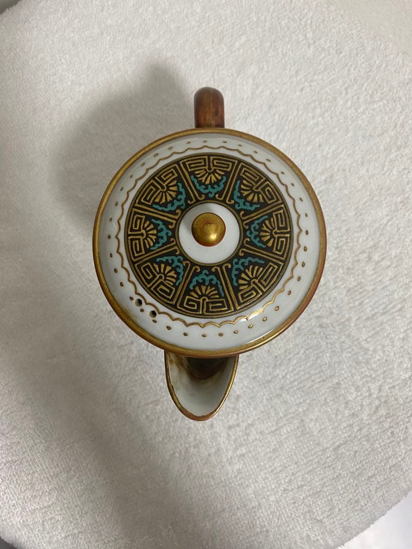 九谷焼 盛山作 錦襴手 急須 青粒金彩 骨董 古九谷