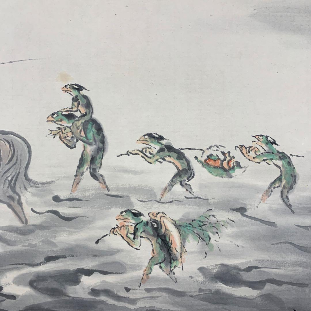 美品 掛け軸 長谷川朝風作「月明」河童 共箱 太巻き付 美術年鑑掲載