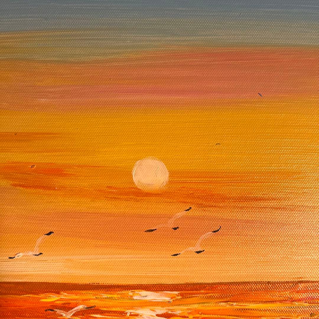 手描き油絵 sun set夕陽 額付 インテリア 油彩画 肉筆絵画