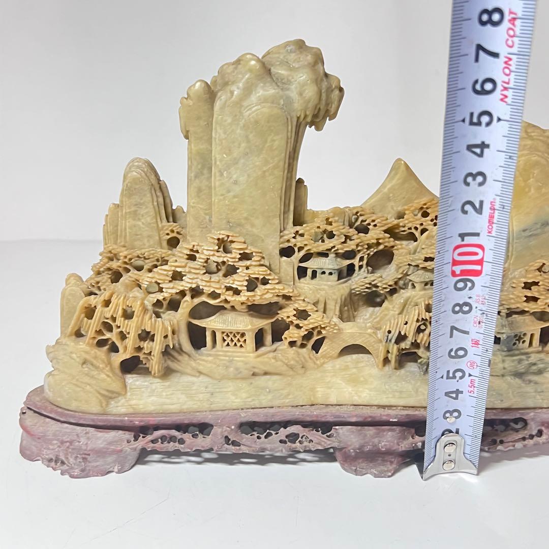 中国 寿山石楼閣山水雕 床飾 置物 彫刻