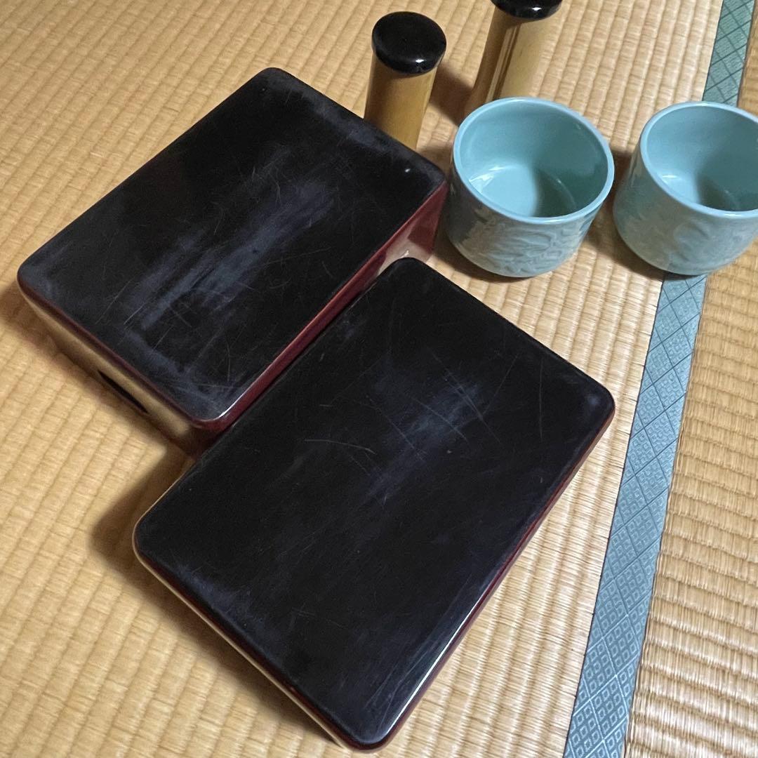 煙草盆　鳳凰　螺鈿　漆塗　タバコ盆　灰吹　昭和アンティーク　盆　青磁火入　竹灰吹