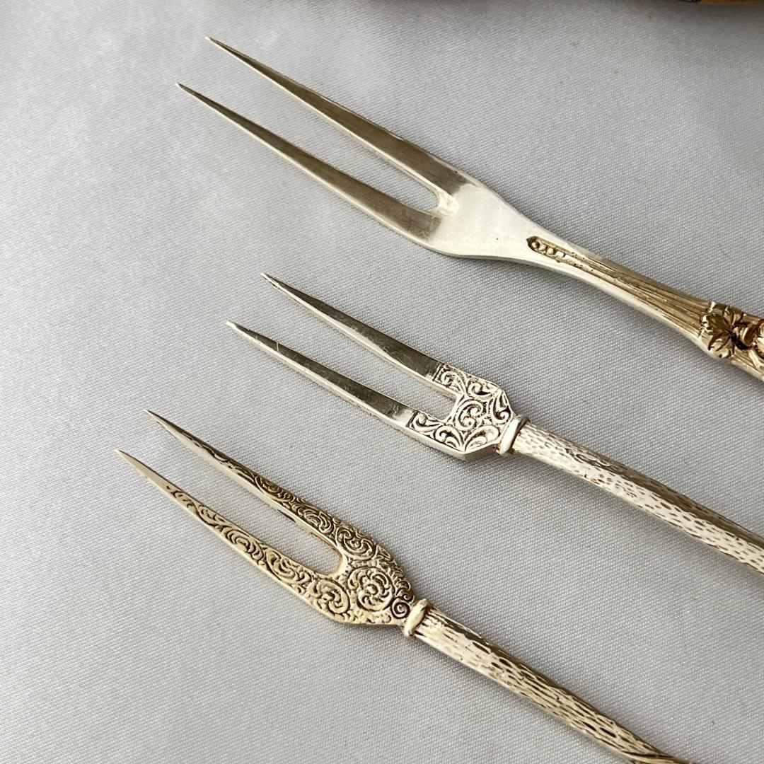 【ドイツ】 オードブルピック 3本【純銀】ヒルデスハイムローズ / パンジー