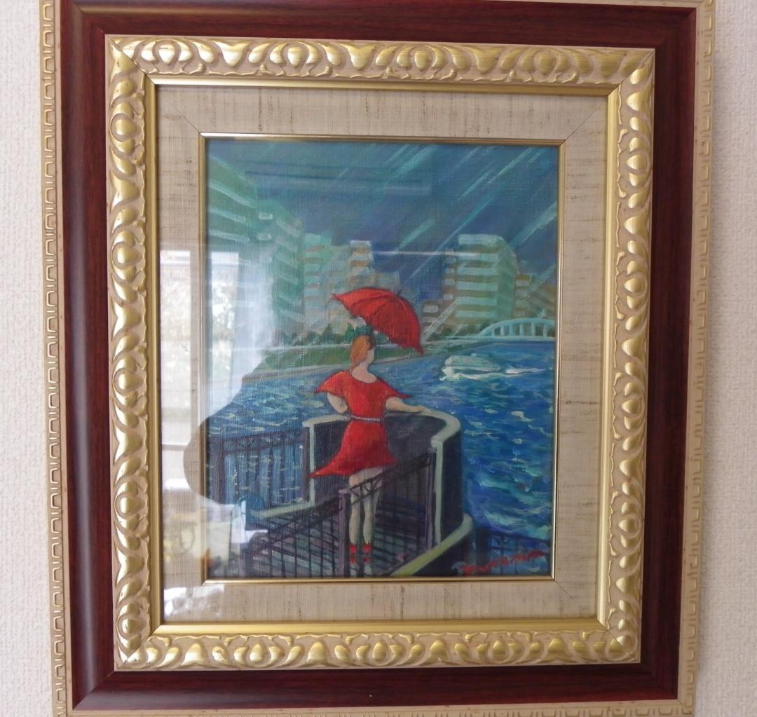 絵画　永田芳郎作　画題　雨のリバーシティ（隅田川）F3号　アクリルキャンバス画