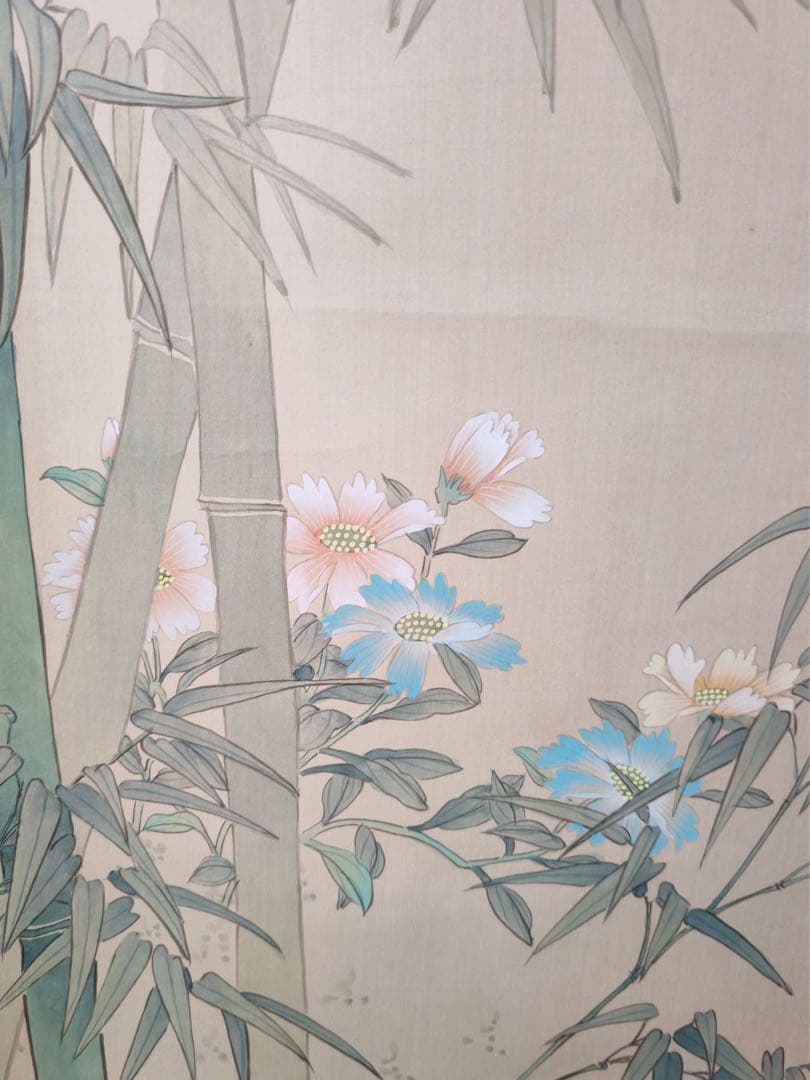 竹と鳥の水墨画 掛軸