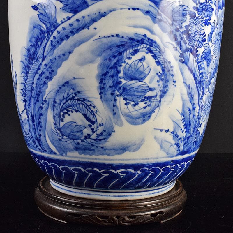 瀬戸焼　古瀬戸　染付　牡丹文　花口大瓶　唐木台・時代箱付　G　R8765B