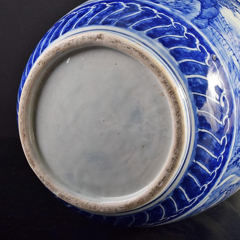 瀬戸焼　古瀬戸　染付　牡丹文　花口大瓶　唐木台・時代箱付　G　R8765B