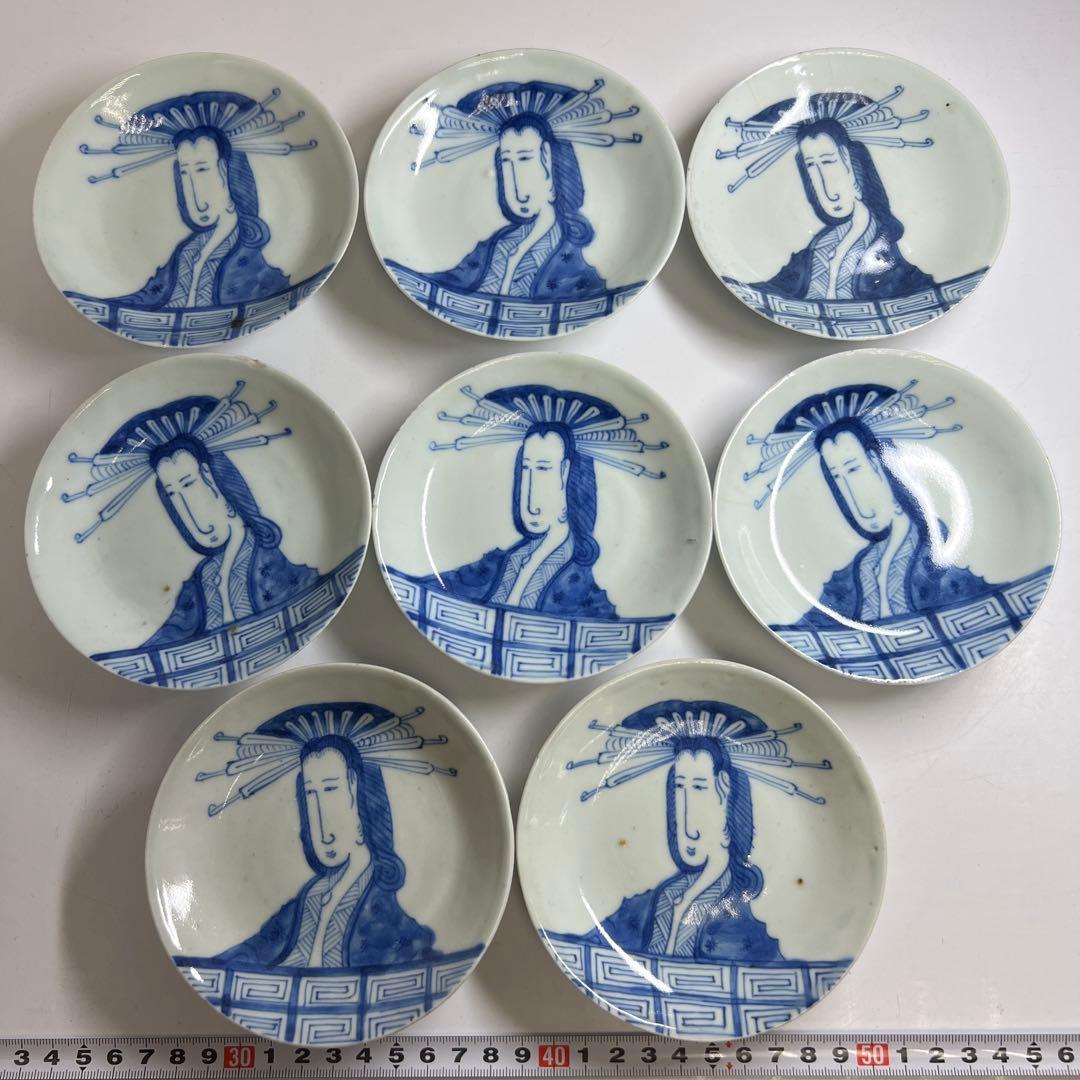 中国清朝時代　青花美人画小皿17枚　木箱　直径約11.5㎝東Y7-1024☆2F