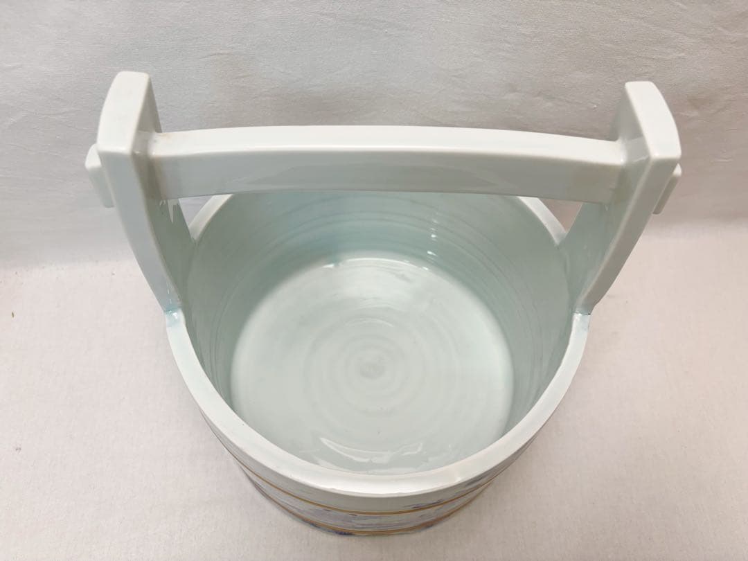 未使用 茶道具 八十翁 石泉作 瀬戸染付 唐子絵 手桶水指 割蓋 底印 共箱