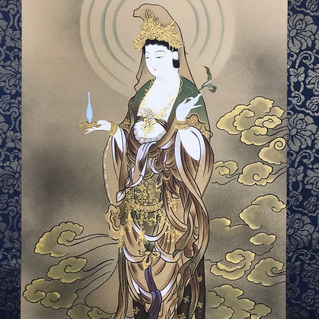 福田素仙「雲上観音」掛軸 絹本 肉筆 共箱 仏画 仏教美術 Z-34