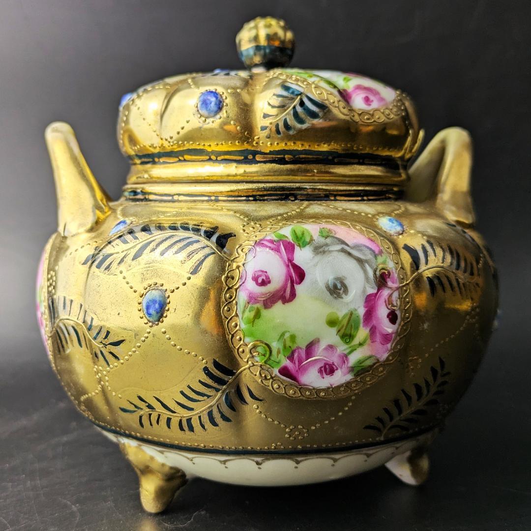 豪華金彩アールヌーボー 薔薇唐草模様 茶壷＆糖器セット 手彩金盛上 ニッポン