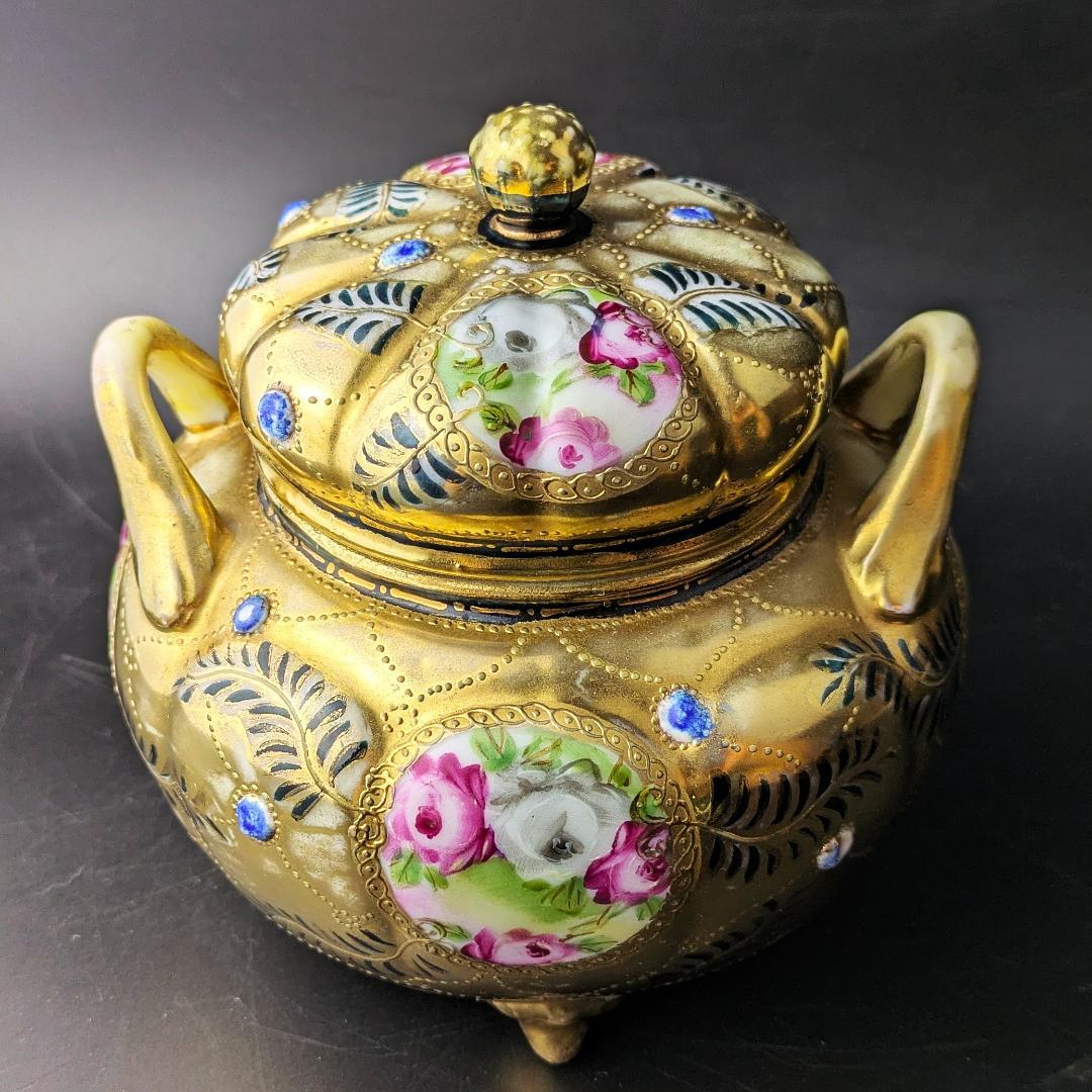 豪華金彩アールヌーボー 薔薇唐草模様 茶壷＆糖器セット 手彩金盛上 ニッポン