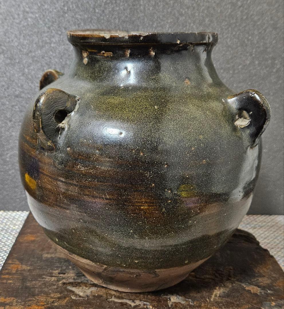 中国古美術　中国古陶磁器　明代　明朝 磁州窯　黒釉　四耳壺　高さ19.5cm